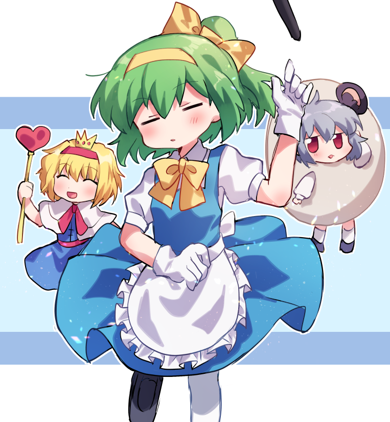 3girls, alice_margatroid, alternate_costume, animal_ears, apron, bangs, blonde_hair, blue_dress