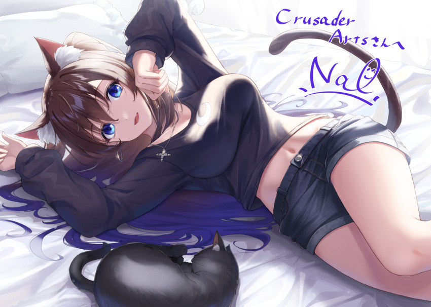 1girl, animal_ear_fluff, animal_ears, black_cat, black_shirt, black_shorts, blue_eyes, breasts