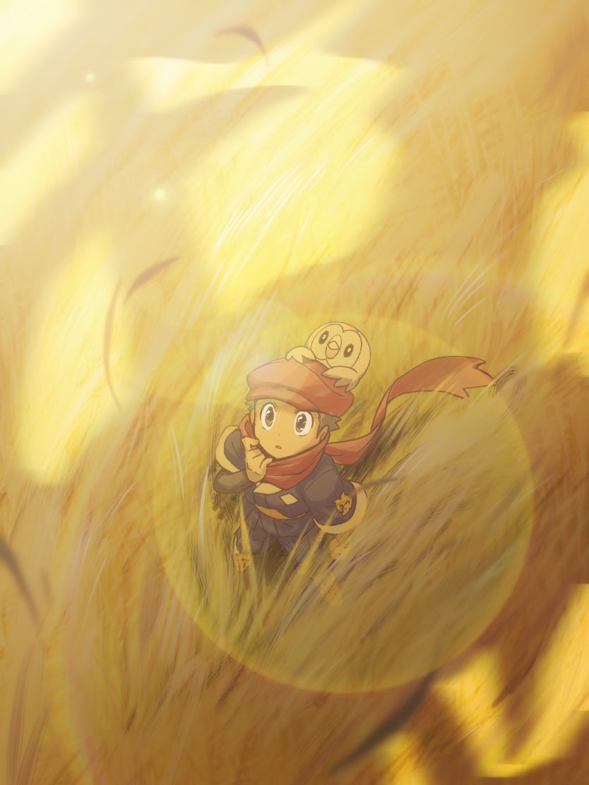 1boy, clenched_hand, from_above, gen_7_pokemon, hand_up, hat, lens_flare, looking_up