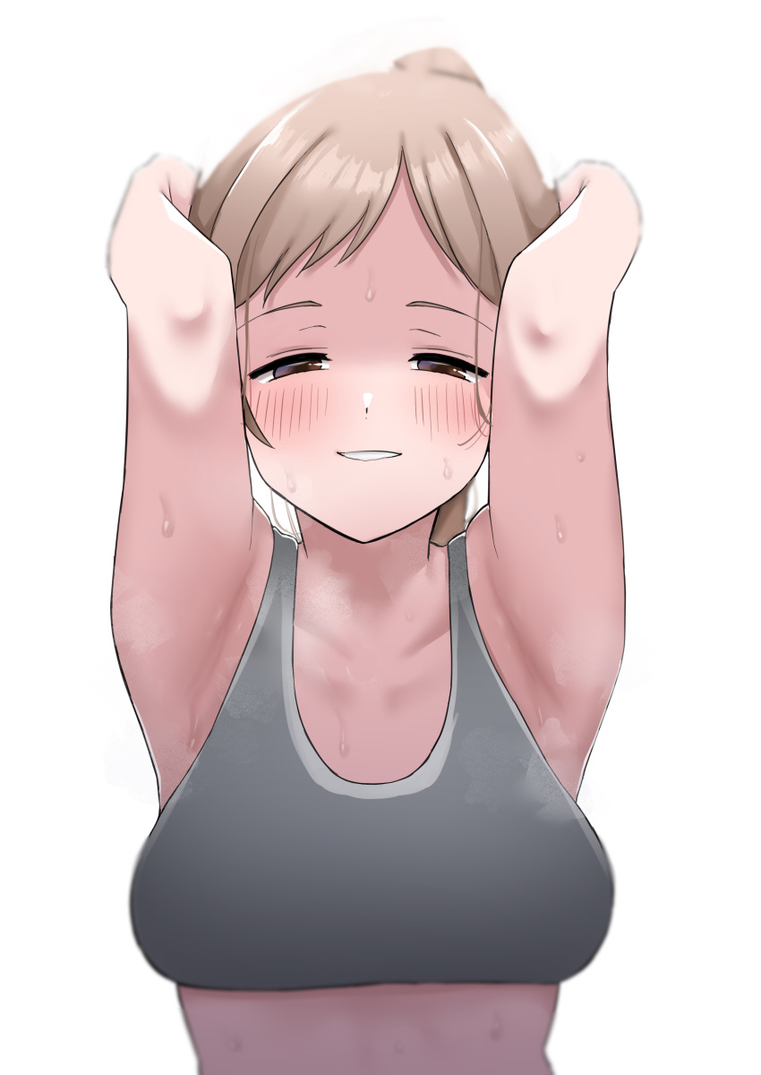 1girl, absurdres, armpits, bangs, blurry, blush, breasts, collarbone, half-closed_eyes, hands_on_own_face, highres, idolmaster, idolmaster_shiny_colors, kobinbin, looking_at_viewer, medium_breasts, ponytail, sakuragi_mano, simple_background, smile, solo, sports_bra, sportswear, sweatdrop, upper_body, white_background