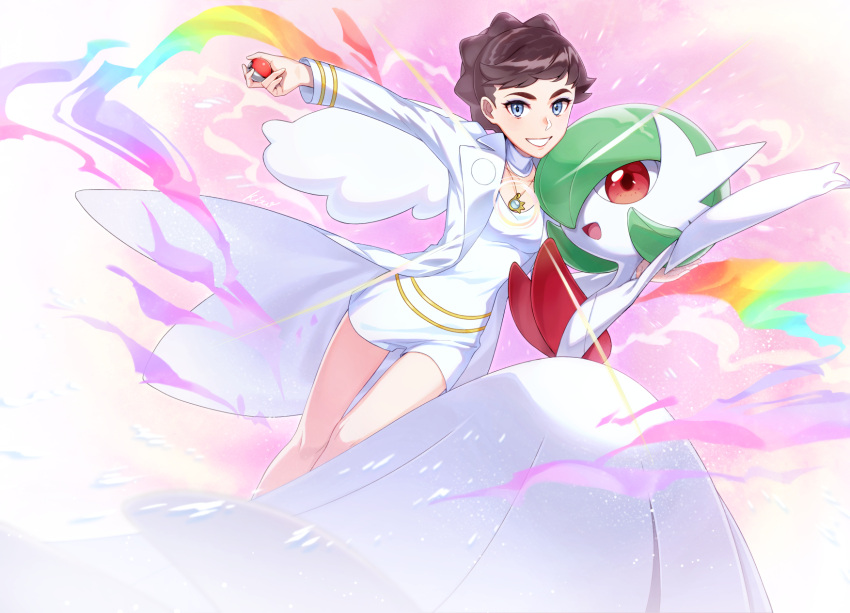 1girl, blue_eyes, breasts, brown_hair, coat, collar, commentary_request, diantha_(pokemon), energy, eyelashes, gardevoir, gen_3_pokemon, highres, holding, holding_poke_ball, hrpk0101, jewelry, long_sleeves, looking_at_viewer, mega_gardevoir, mega_pokemon, necklace, open_clothes, open_coat, poke_ball, poke_ball_(basic), pokemon, pokemon_(creature), pokemon_(game), pokemon_xy, short_hair, smile, white_coat, white_collar