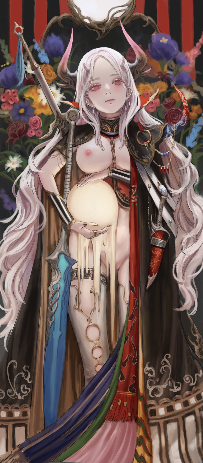 1girl, absurdres, blonde_hair, cape, corset, flower, gold_can, highres