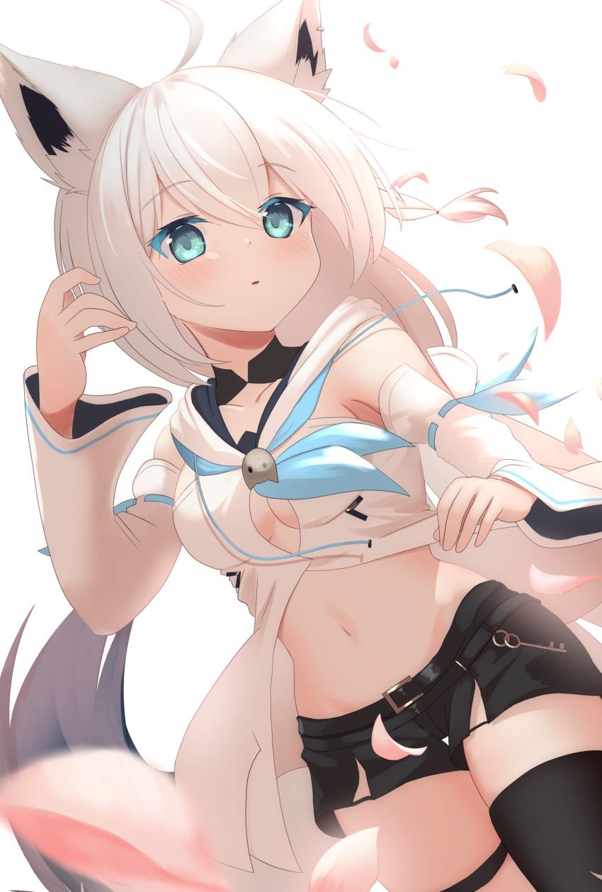 1girl, :o, absurdres, ahoge, animal_ear_fluff, animal_ears, bangs, black_shorts