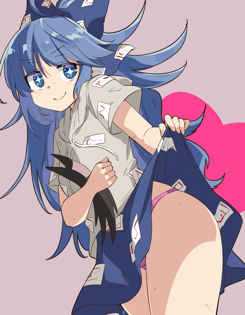 +_+, 1girl, blue_bow, blue_eyes, blue_hair, blue_skirt, bow, closed_mouth, cowboy_shot, debt, drawstring, hair_bow, highres, holding, hood, hoodie, lifted_by_self, long_hair, looking_at_viewer, moja_(moja4192), panties, pink_panties, short_sleeves, simple_background, skirt, skirt_lift, smile, solo, stuffed_animal, stuffed_cat, stuffed_toy, touhou, underwear, very_long_hair, yorigami_shion