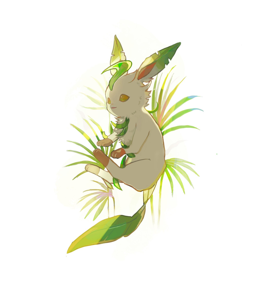 ahoge, full_body, gen_4_pokemon, gigigimimi, highres, leaf, leafeon, no_humans, orange_eyes, parted_lips, paws, pokemon, pokemon_(creature), solo, toes, white_background