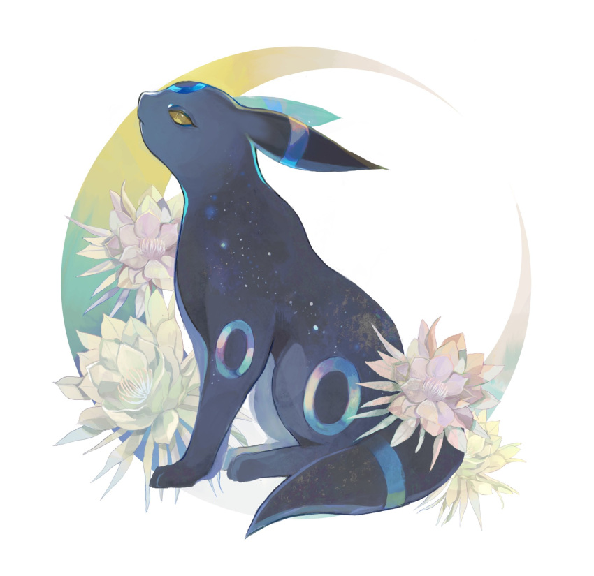closed_mouth, commentary_request, crescent, flower, from_side, gen_2_pokemon, gigigimimi, highres, looking_up, no_humans, paws, pokemon, pokemon_(creature), sitting, toes, umbreon, yellow_eyes