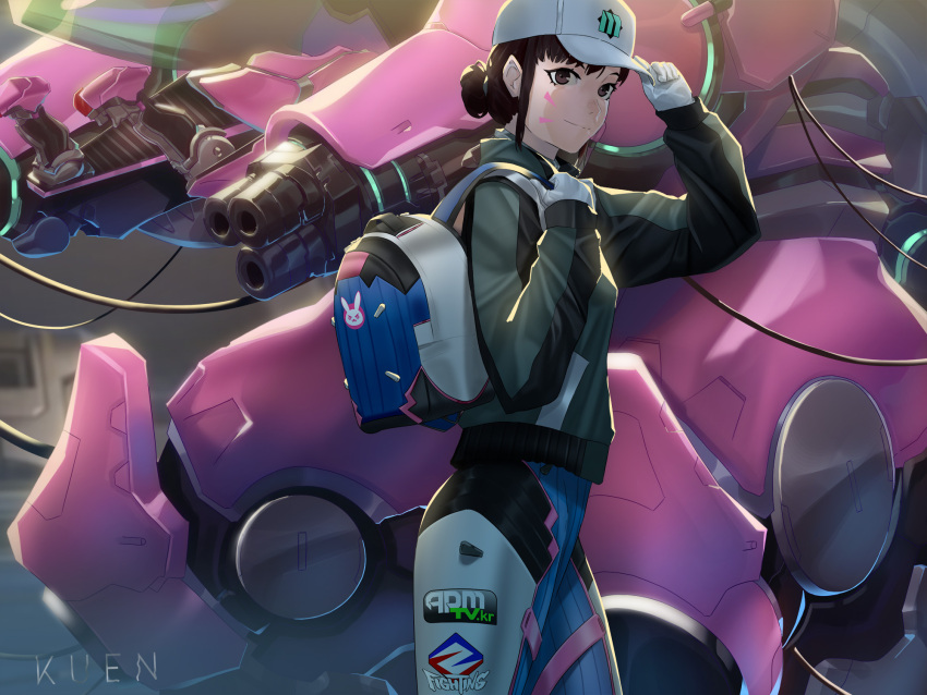 1girl, alternate_costume, alternate_hairstyle, arm_cannon, artist_name, backpack, bag, baseball_cap