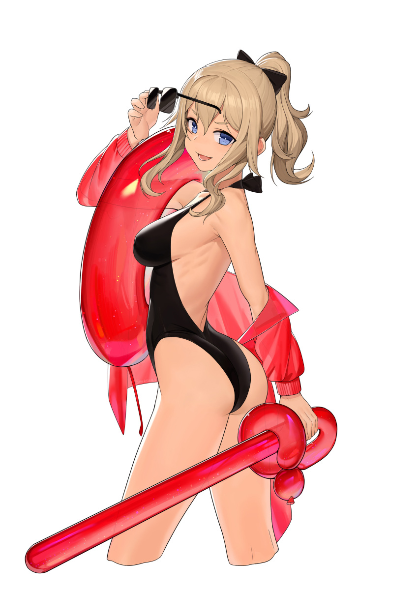 1girl, absurdres, ass, backless_swimsuit, bare_shoulders, blonde_hair, bow, breasts