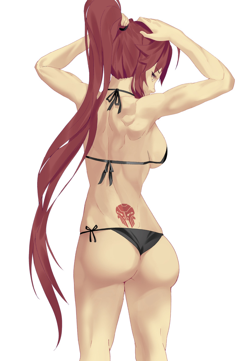 1girl, absurdres, ass, back, back_tattoo, bikini, black_bikini, breasts
