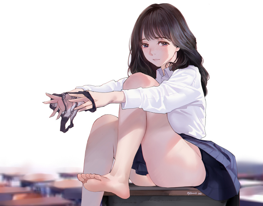 1girl, ass, bangs, barefoot, black_hair, black_panties, blue_eyes, blue_skirt