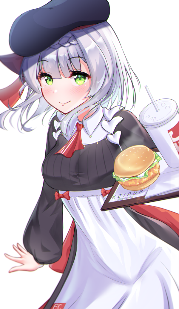 1girl, bangs, bird, blunt_bangs, blush, braid, breasts, cabbie_hat