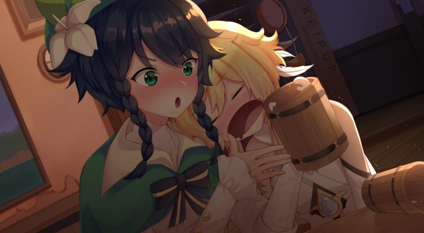 1boy, 1girl, :o, alcohol, bard, bare_shoulders, beer, beer_mug
