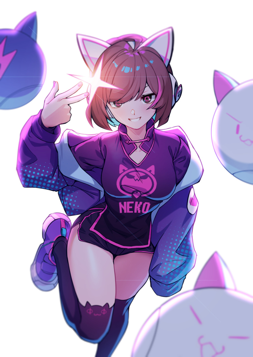 1girl, ahoge, animal_ear_legwear, animal_ears, asakura_neko, axent_wear, black_legwear, black_shorts