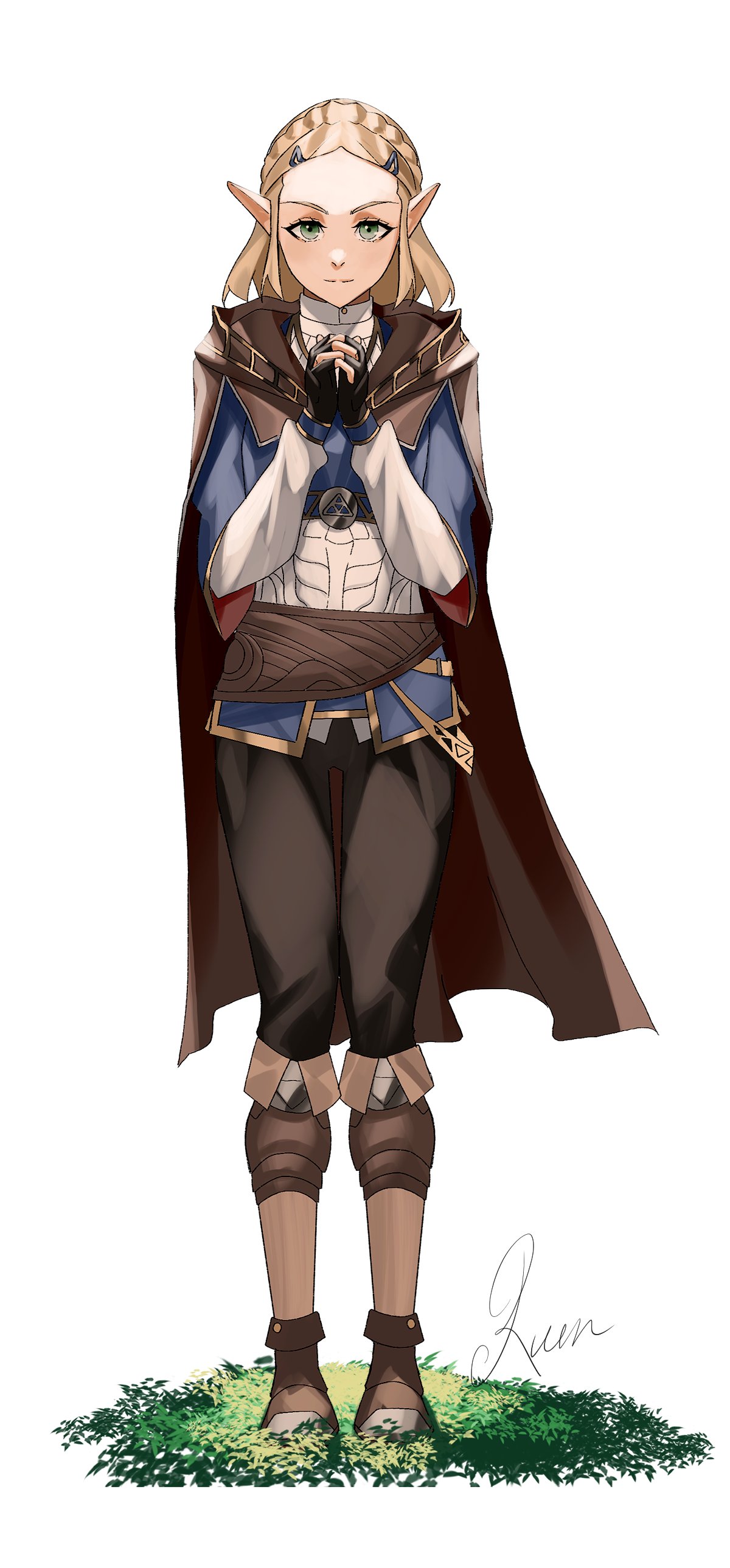 1girl, absurdres, black_gloves, black_pants, blonde_hair, boots, brown_footwear, cloak