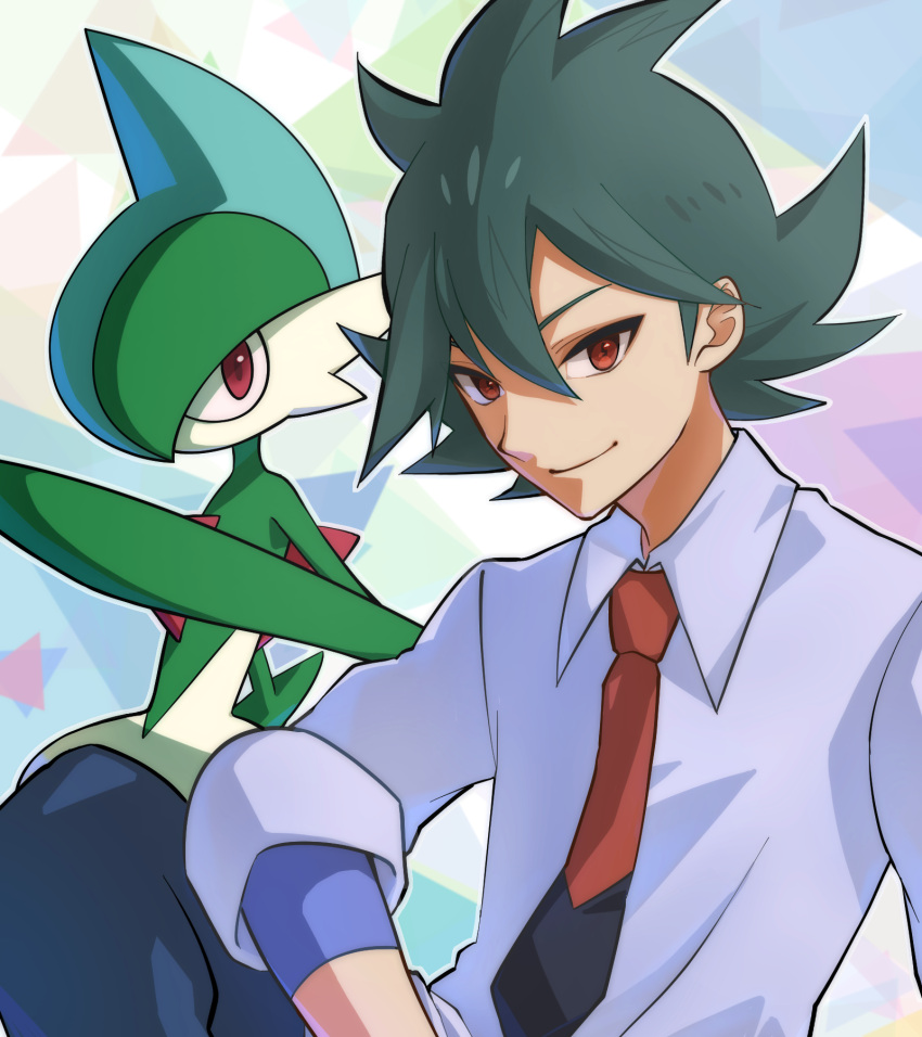 1boy, bangs, closed_mouth, collared_shirt, commentary_request, gallade, gen_4_pokemon, green_hair, grey_shirt, hair_between_eyes, highres, male_focus, necktie, outline, pokemon, pokemon_(anime), pokemon_(creature), pokemon_swsh_(anime), punico_(punico_poke), red_eyes, red_neckwear, rinto_(pokemon), shirt, sleeves_rolled_up, smile, two-tone_neckwear, undershirt