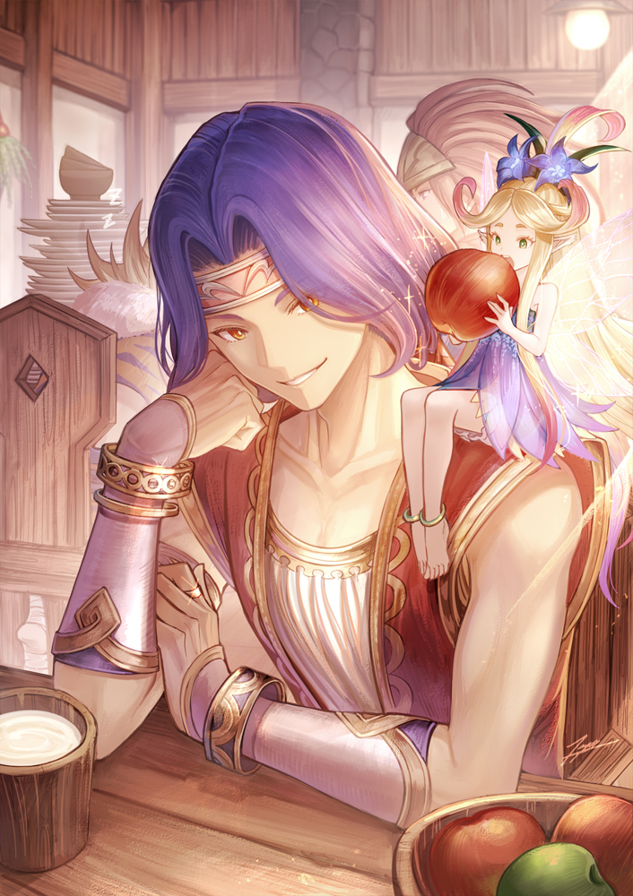 1girl, 3boys, anklet, apple, barefoot, bishounen, blonde_hair, blue_dress