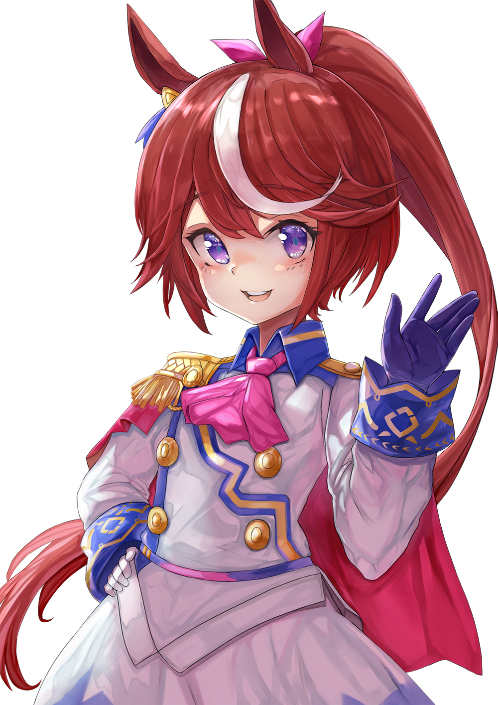1girl, :d, animal_ears, ascot, bangs, blue_gloves, brown_hair, collared_jacket