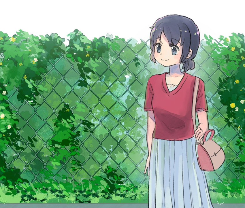 1girl, adapted_costume, alternate_hairstyle, bag, black_hair, blue_eyes, casual, collarbone