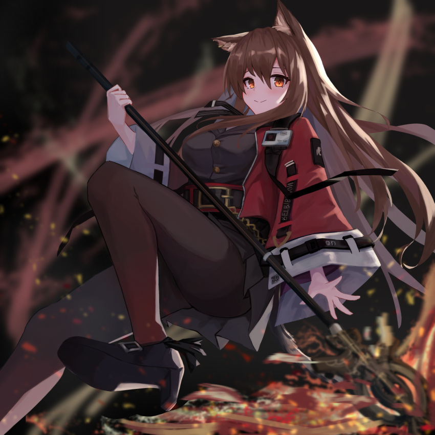 1girl, animal_ear_fluff, animal_ears, arknights, bangs, black_legwear, black_skirt, brown_hair, cat_ears, cat_tail, commentary_request, floating_hair, foot_out_of_frame, gradient, gradient_legwear, high_heels, highres, holding, holding_staff, izumi_roka, leg_up, long_hair, long_sleeves, looking_at_viewer, orange_eyes, originium_arts_(arknights), pantyhose, pleated_skirt, simple_background, skirt, skyfire_(arknights), smile, solo, staff, tail