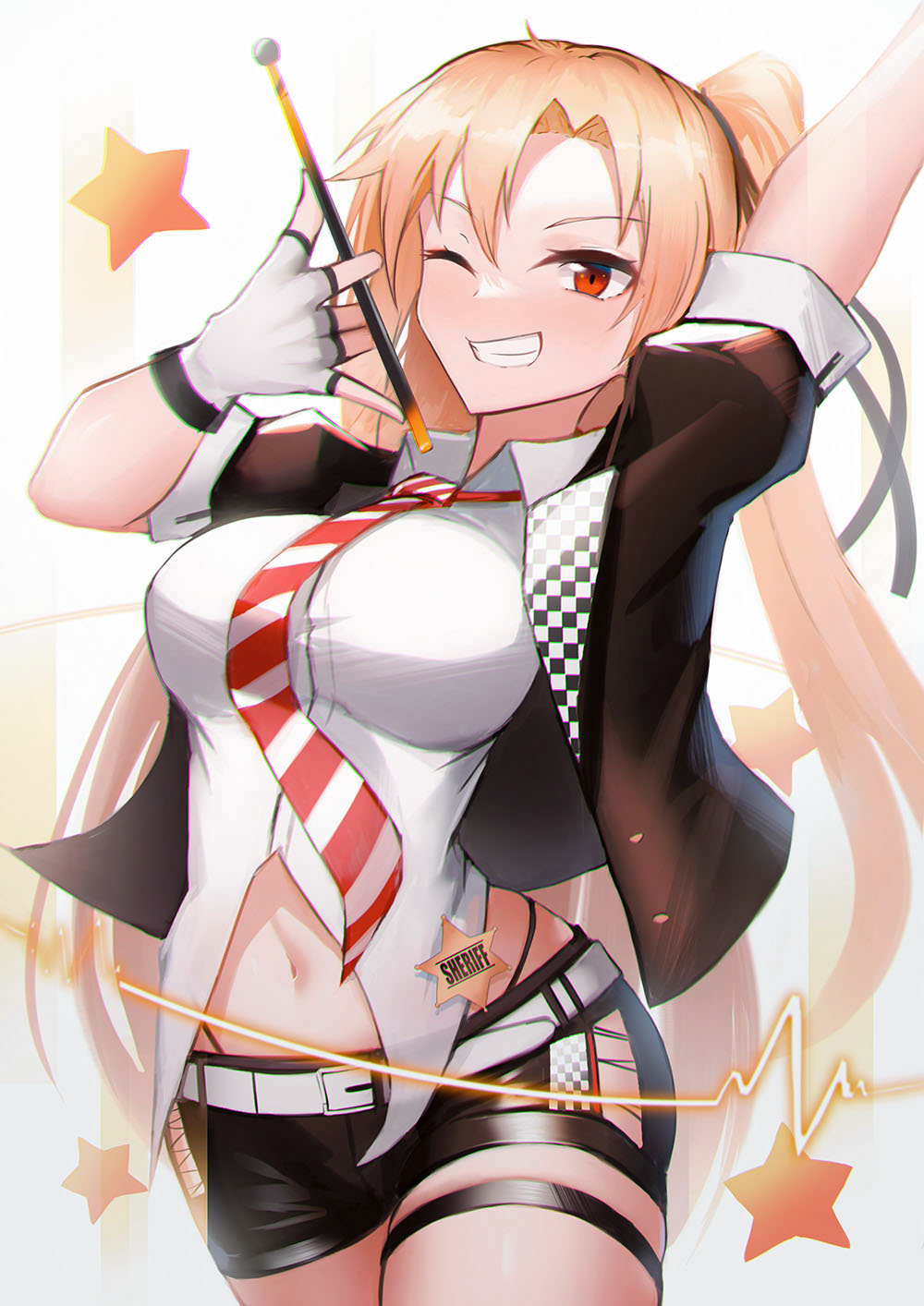 1girl, arm_up, azur_lane, bangs, black_jacket, black_shorts, breasts, chromatic_aberration, cleveland_(azur_lane), cleveland_(muse)_(azur_lane), commentary_request, cowboy_shot, fingerless_gloves, gloves, grin, hand_up, highres, jacket, large_breasts, lodbyy, looking_at_viewer, navel, one_eye_closed, open_clothes, open_jacket, puffy_short_sleeves, puffy_sleeves, shirt, short_shorts, short_sleeves, shorts, smile, solo, standing, star_(symbol), thigh_strap, thighs, white_background, white_gloves, white_shirt