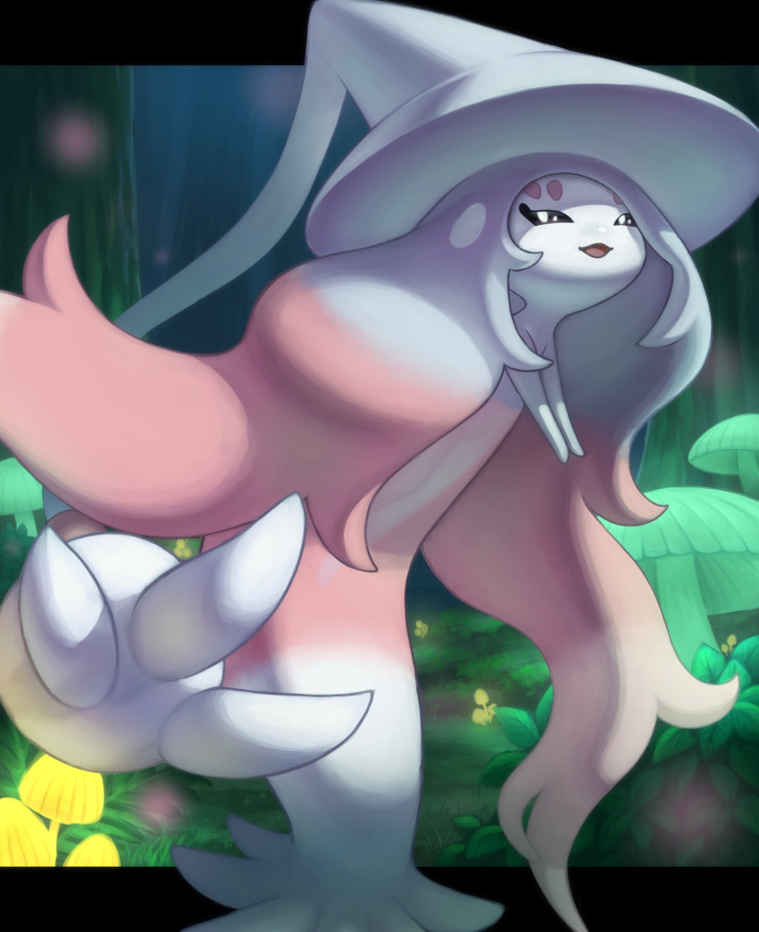 black_eyes, blurry, commentary_request, forest, gen_8_pokemon, glowing_mushroom, hatterene, highres