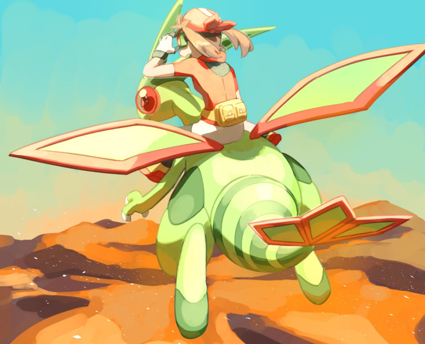 1girl, bike_shorts, brown_hair, day, desert, fanny_pack, floating_hair, flygon, flying, gen_3_pokemon, gloves, go-goggles, goggles, goggles_on_head, hand_up, highres, long_hair, may_(pokemon), open_mouth, outdoors, pokemon, pokemon_(creature), pokemon_(game), pokemon_rse, red_bandana, red_shirt, riding_pokemon, shirt, shoes, short_sleeves, sitting, skirt, sky, torinoko_(miiko_draw), white_skirt, yellow_bag