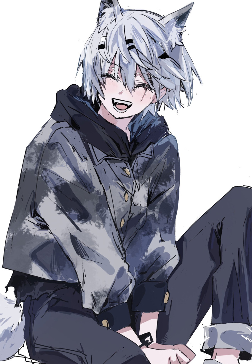 1girl, animal_ears, arknights, bangs, closed_eyes, commentary_request, fangs, grey_jacket