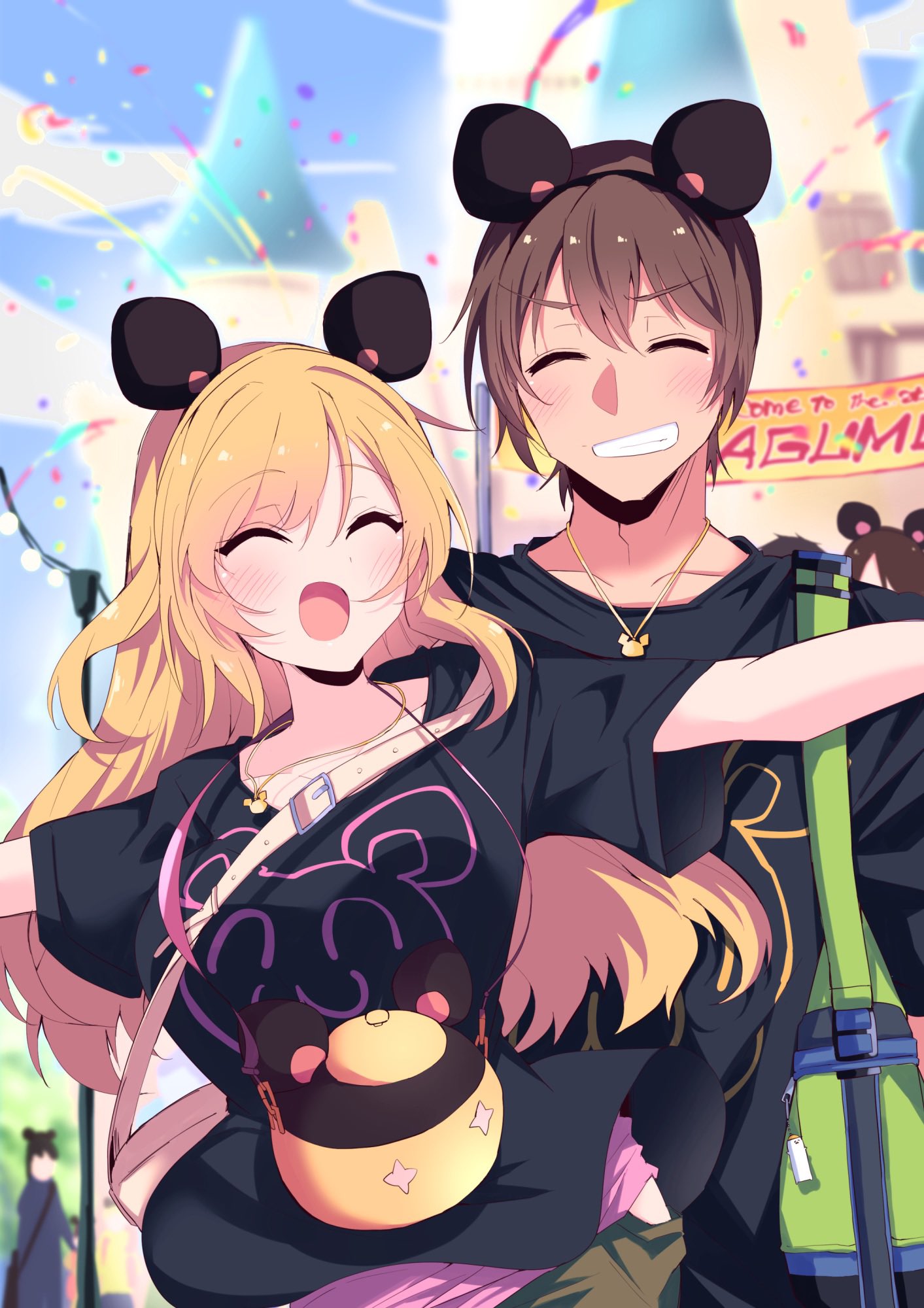 1boy, 1girl, animal_ears, bag, black_shirt, blonde_hair, brown_hair, building