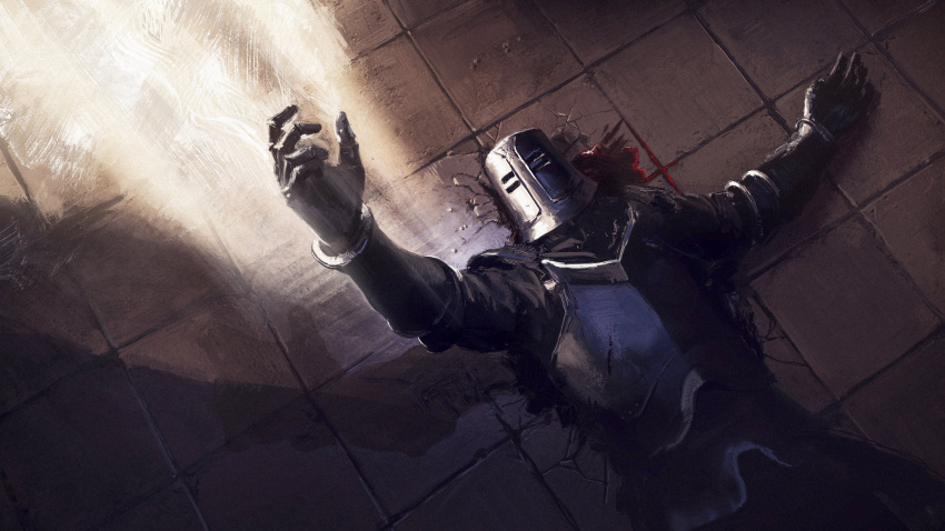 1boy, absurdres, arm_up, armor, blood, breastplate, dark_souls, full_armor