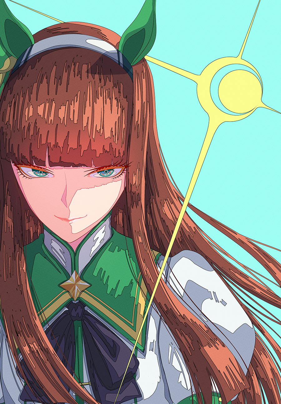 1girl, bangs, blue_background, blunt_bangs, brown_hair, earrings, hairband, highres
