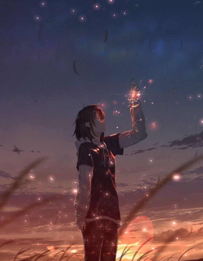 1girl, ahoge, arm_up, black_hair, black_pants, black_sweater, brown_eyes, clouds