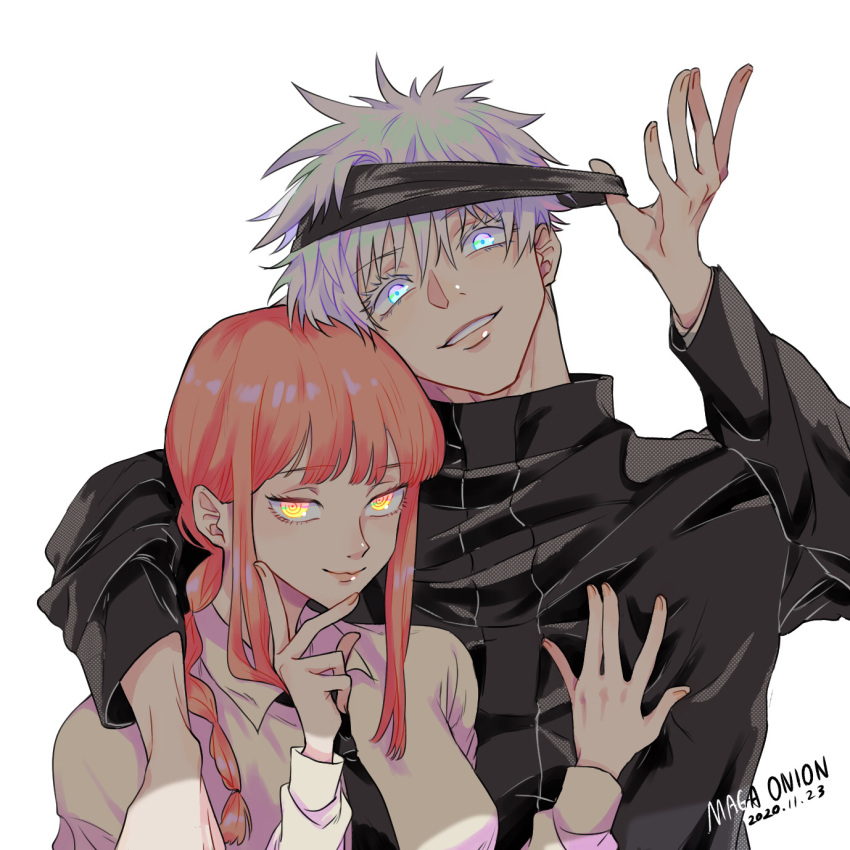 1boy, 1girl, arm_around_shoulder, bangs, black_neckwear, blindfold, blindfold_lift, braid