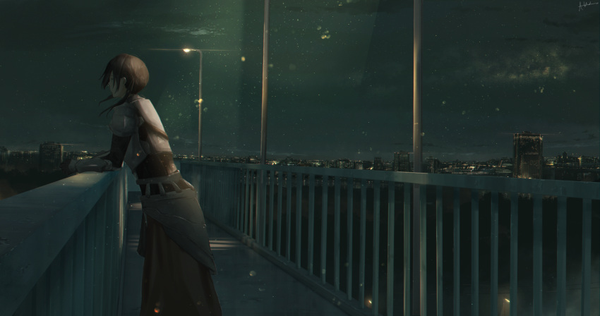 1girl, armor, black_dress, black_shirt, bracer, brown_eyes, brown_hair, building