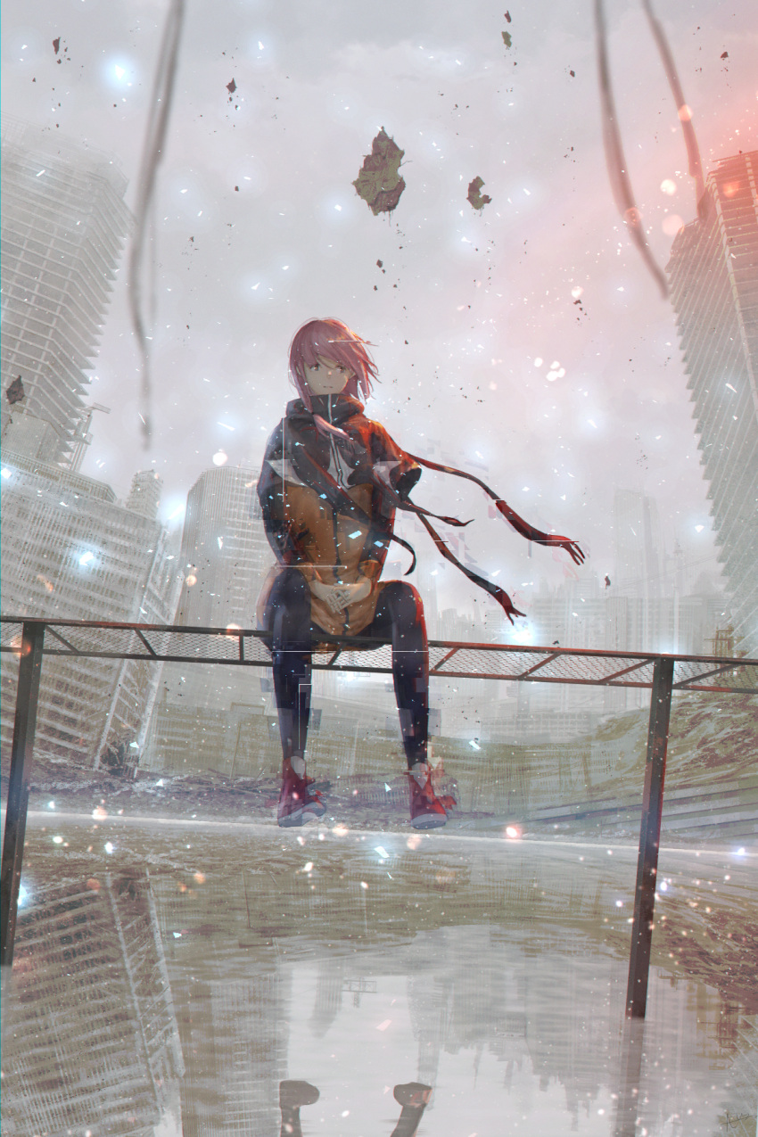 1girl, bangs, between_legs, black_pants, building, city, closed_mouth, coat