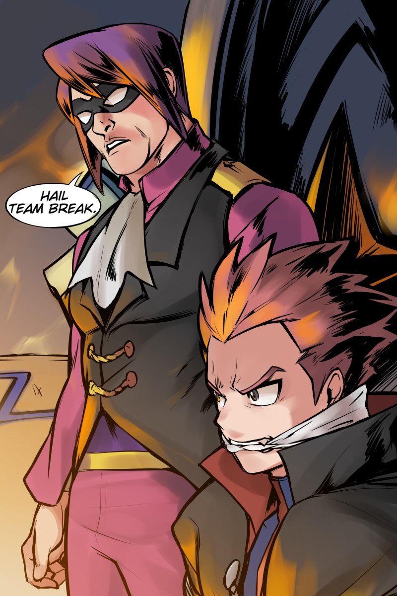 2boys, bangs, black_cape, black_vest, blue_jacket, cape, cloth_gag, commentary_request