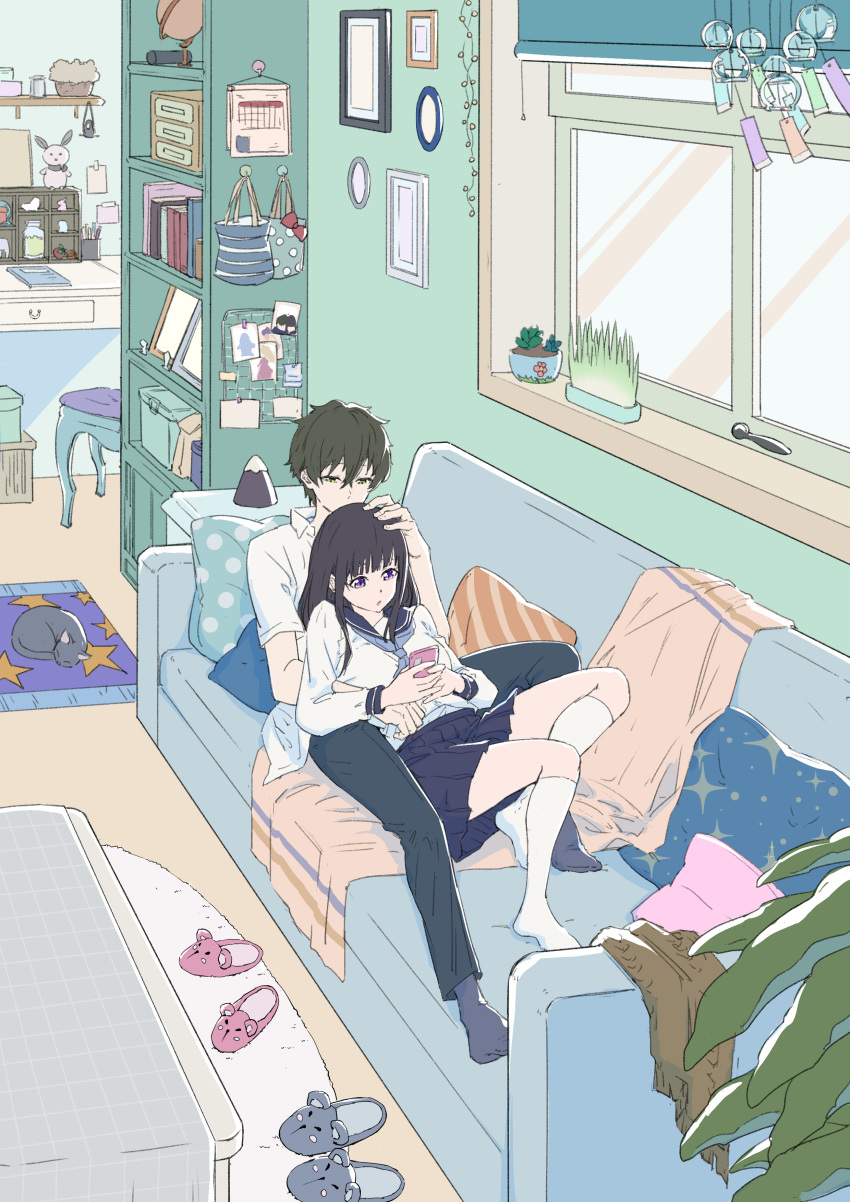 1boy, 1girl, absurdres, bangs, black_cat, black_hair, black_pants, brown_hair