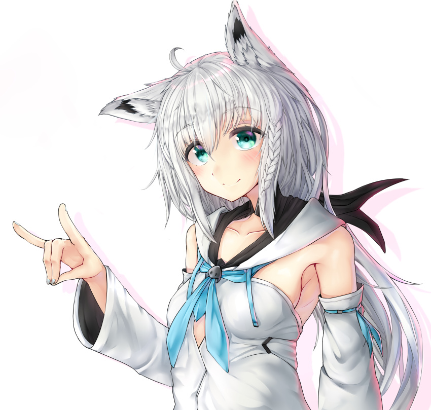 1girl, absurdres, ahoge, animal_ear_fluff, animal_ears, aqua_eyes, bangs, bare_shoulders, black_ribbon, blue_neckwear, braid, breasts, closed_mouth, collarbone, cutout_above_navel, detached_sleeves, fox_ears, fox_shadow_puppet, hair_between_eyes, hair_ribbon, highres, hololive, hood, hoodie, light_blush, long_hair, looking_at_viewer, low_ponytail, neckerchief, ribbon, salvato, shirakami_fubuki, side_braid, sidelocks, silver_hair, simple_background, sleeveless, small_breasts, smile, solo, upper_body, virtual_youtuber, white_background, white_sleeves