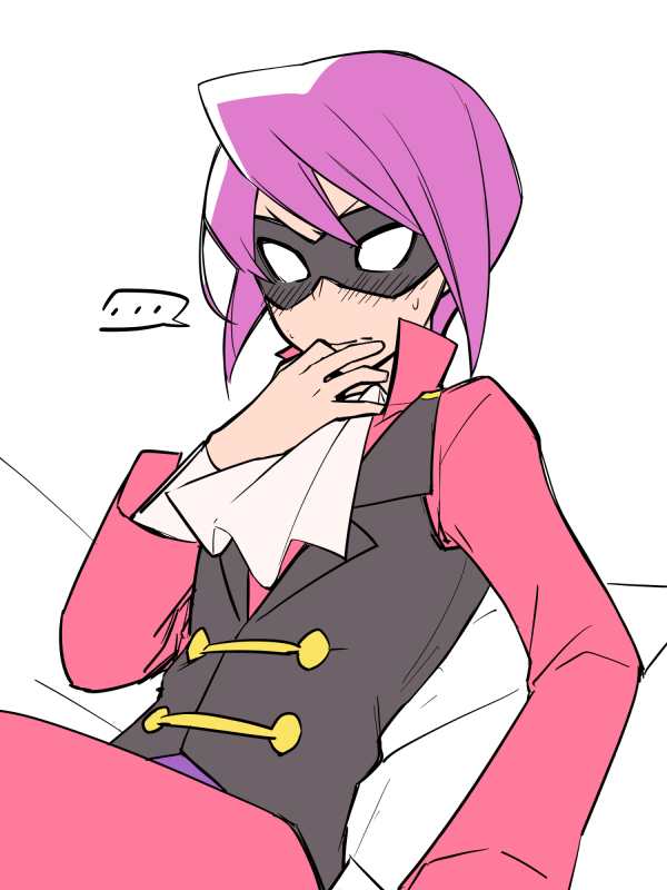 ..., 1boy, bangs, blush, closed_mouth, collared_shirt, commentary_request, crabat, domino_mask, elite_four, hand_up, kiwi_of_ruin, korean_commentary, male_focus, mask, pants, partially_colored, pokemon, pokemon_(game), pokemon_hgss, purple_hair, shirt, short_hair, sketch, solo, spoken_ellipsis, sweatdrop, tailcoat, white_background, white_neckwear, will_(pokemon)