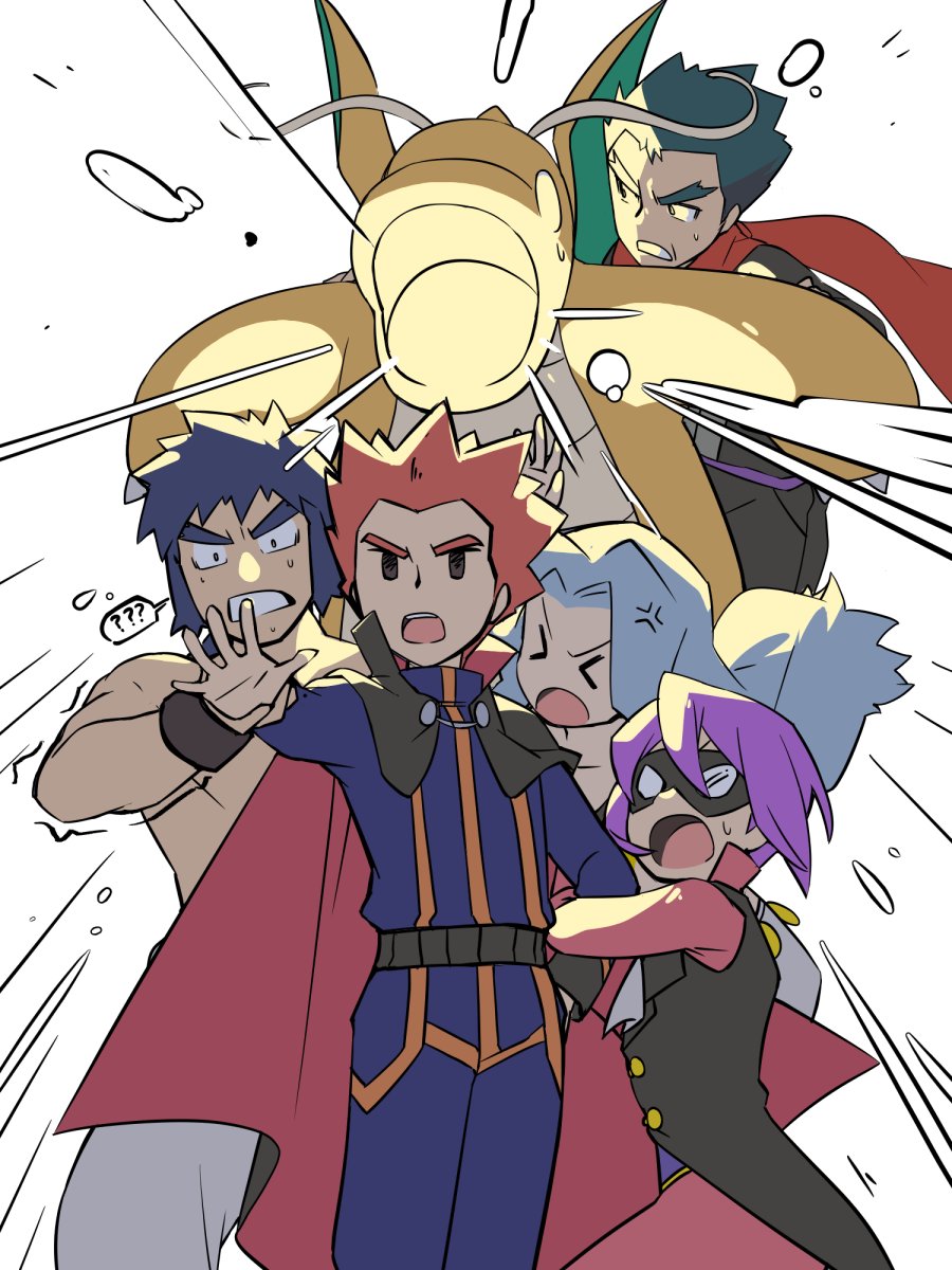 >_<, 1girl, 4boys, anger_vein, bangs, belt, black_hair, bruno_(pokemon)