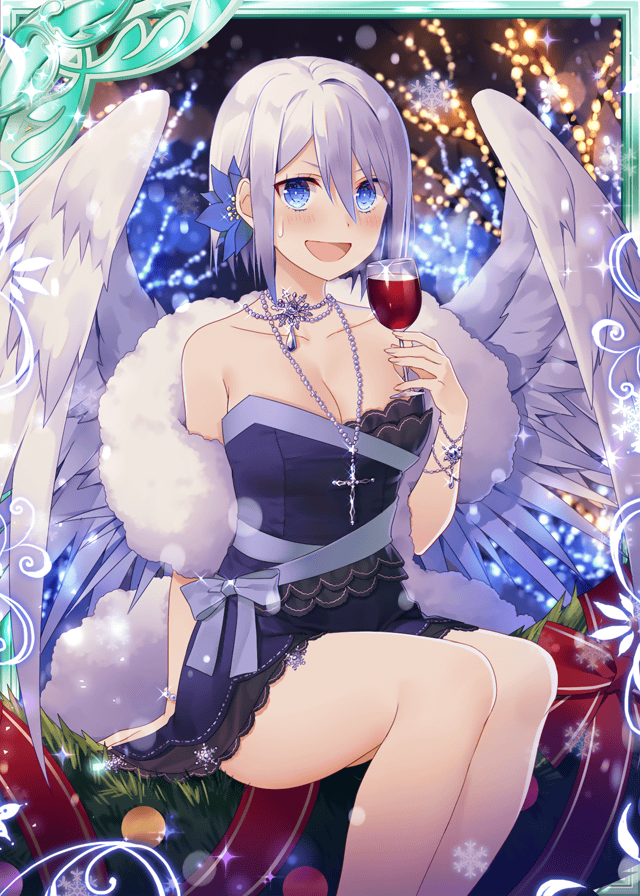 1girl, :d, angel, angel_wings, black_dress, blue_eyes, breasts, collaboration, cross, cross_necklace, cup, dress, drinking_glass, falkyrie_no_monshou, flower, glass, hair_flower, hair_ornament, jewelry, lawn, looking_at_viewer, medium_breasts, musse_(falkyrie_no_monshou), natsumekinoko, necklace, night, night_sky, official_art, open_mouth, purple_ribbon, red_ribbon, ribbon, shinkai_no_valkyrie, short_hair, sitting, sky, smile, snowflakes, white_hair, wine_glass, wings