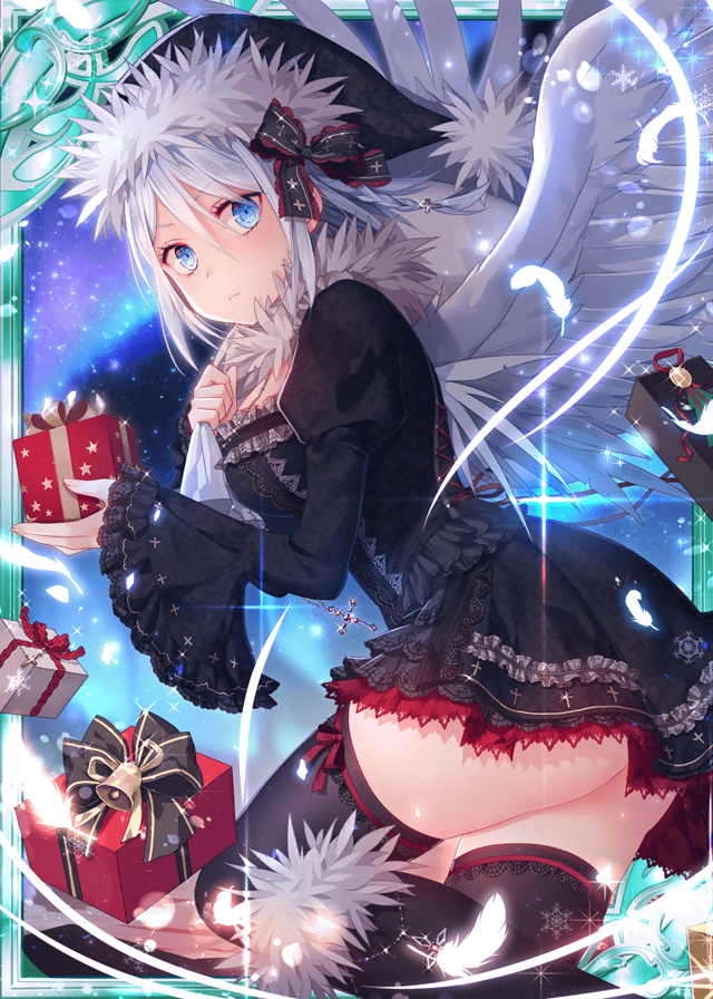 1girl, ass, bell, black_bow, black_dress, black_headwear, black_legwear, blue_eyes