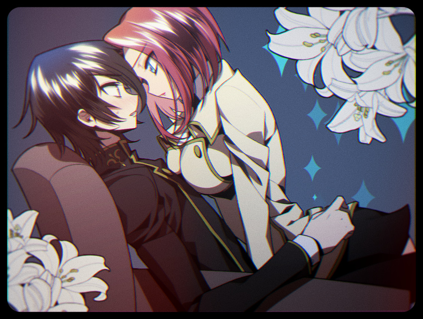 1boy, 1girl, ashford_academy_uniform, black_hair, blue_eyes, chair, code_geass, eyebrows_visible_through_hair, kallen_stadtfeld, lac., lelouch_lamperouge, redhead, shiny, shiny_hair, short_hair, simple_background, sitting, sparkle