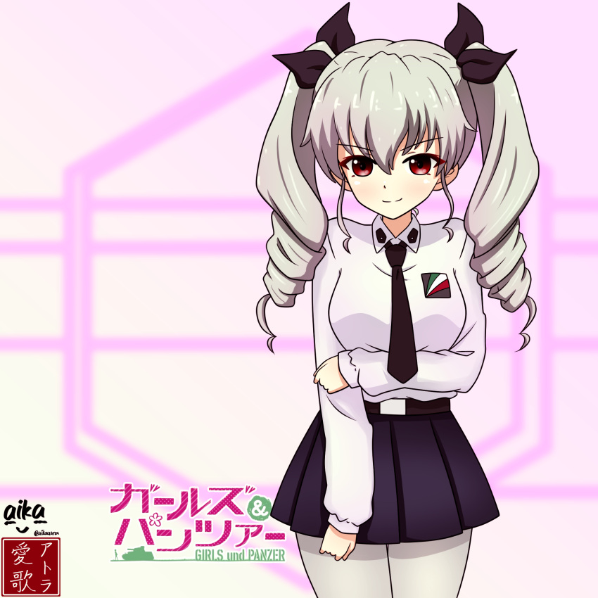 1girl, aikazilla, anchovy_(girls_und_panzer), anzio_school_uniform, artist_logo, artist_name, bangs, belt
