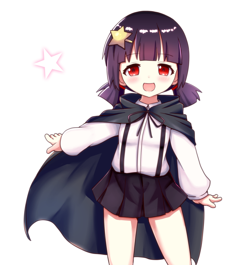 1girl, black_cloak, black_hair, black_skirt, child, cloak, hair_ornament, kansoku, komekko, kono_subarashii_sekai_ni_shukufuku_wo!, low_twintails, miniskirt, open_mouth, red_eyes, shirt, short_hair, simple_background, skirt, smile, solo, star_(symbol), star_hair_ornament, suspender_skirt, suspenders, twintails, white_background, white_shirt
