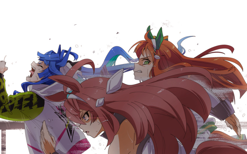 3girls, ahoge, animal_ears, blue_eyes, blue_hair, brown_hair, green_eyes, hairband, hood, hoodie, horse_ears, horse_tail, long_hair, mihono_bourbon_(umamusume), motion_blur, multiple_girls, orange_hair, profile, racing, running, sharp_teeth, silence_suzuka_(umamusume), sweat, tail, teeth, twin_turbo, twin_turbo_(umamusume), twintails, umamusume, white_background, yaneko_uta