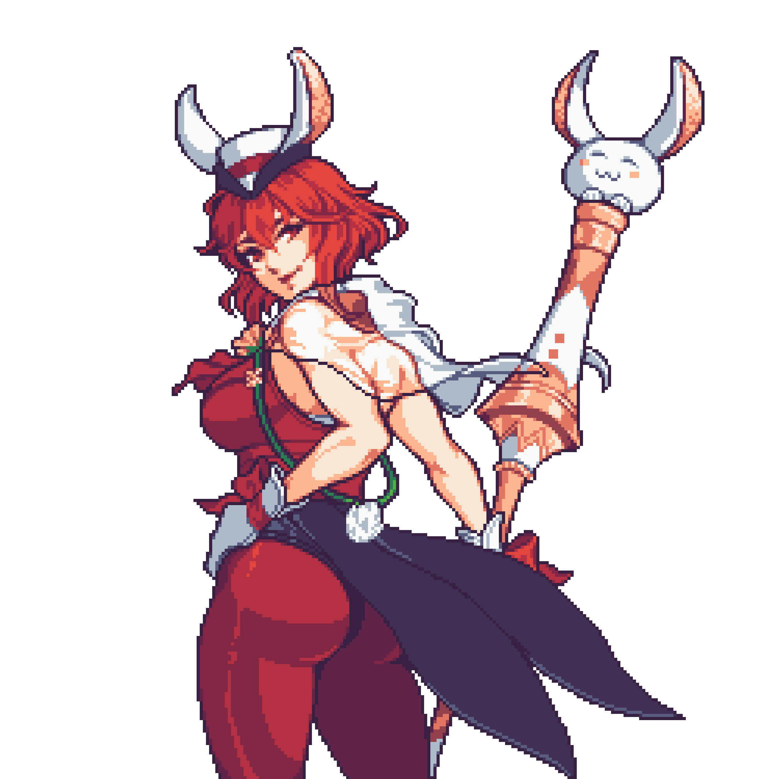 1girl, absurdres, bunny_tail, buskhusker, capelet, closed_mouth, cowboy_shot, fire_emblem, fire_emblem:_mystery_of_the_emblem, fire_emblem_heroes, gloves, hand_on_hip, hat, highres, holding, leotard, looking_at_viewer, looking_back, minerva_(fire_emblem), mini_hat, pantyhose, pixel_art, polearm, red_eyes, redhead, short_hair, simple_background, sleeveless, smile, solo, standing, tail, transparent_background, weapon, white_gloves
