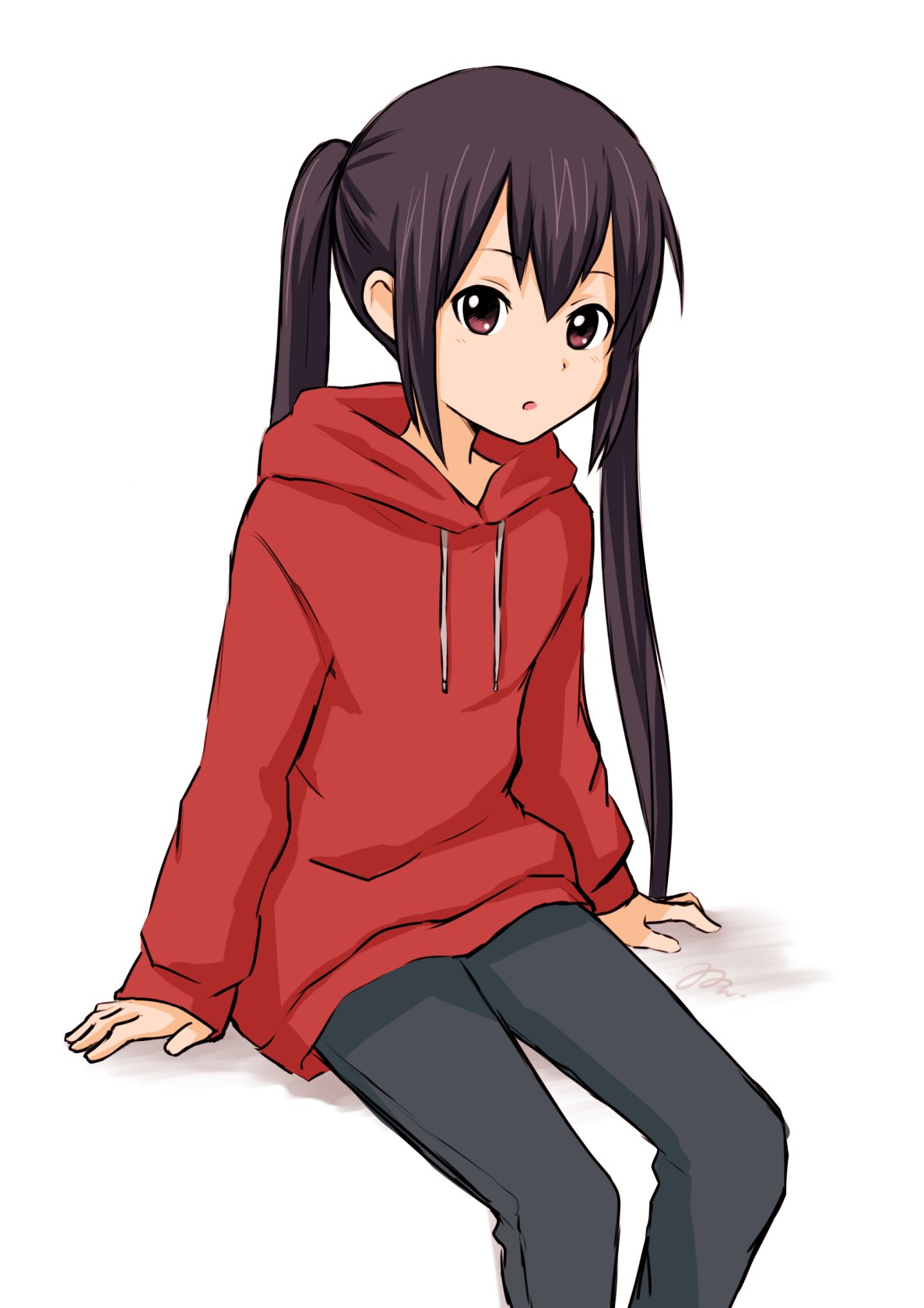 1girl, :o, arms_at_sides, bangs, black_pants, blush, brown_eyes, brown_hair