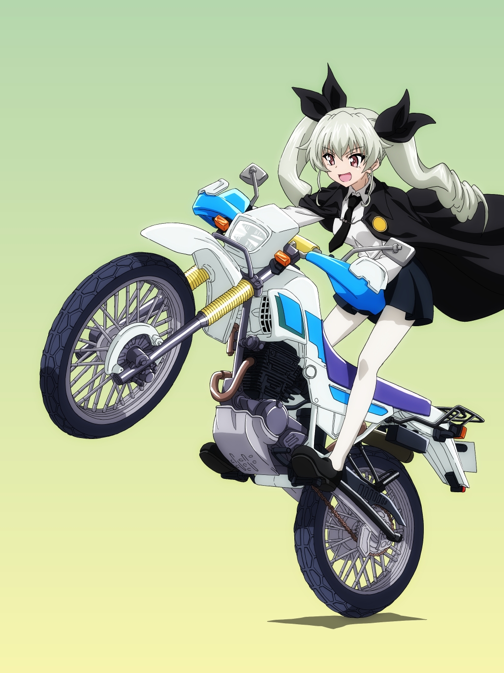 1girl, anchovy_(girls_und_panzer), anzio_school_uniform, bangs, black_cape, black_footwear, black_neckwear, black_ribbon