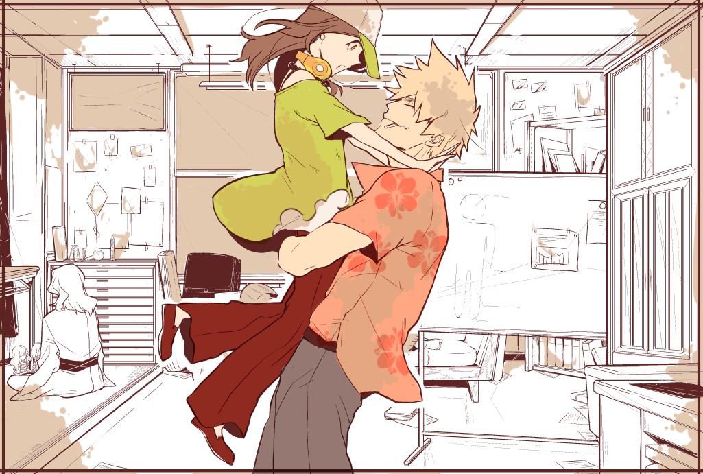 1boy, 1girl, bare_shoulders, baseball_cap, belt, blonde_hair, brown_eyes, brown_hair