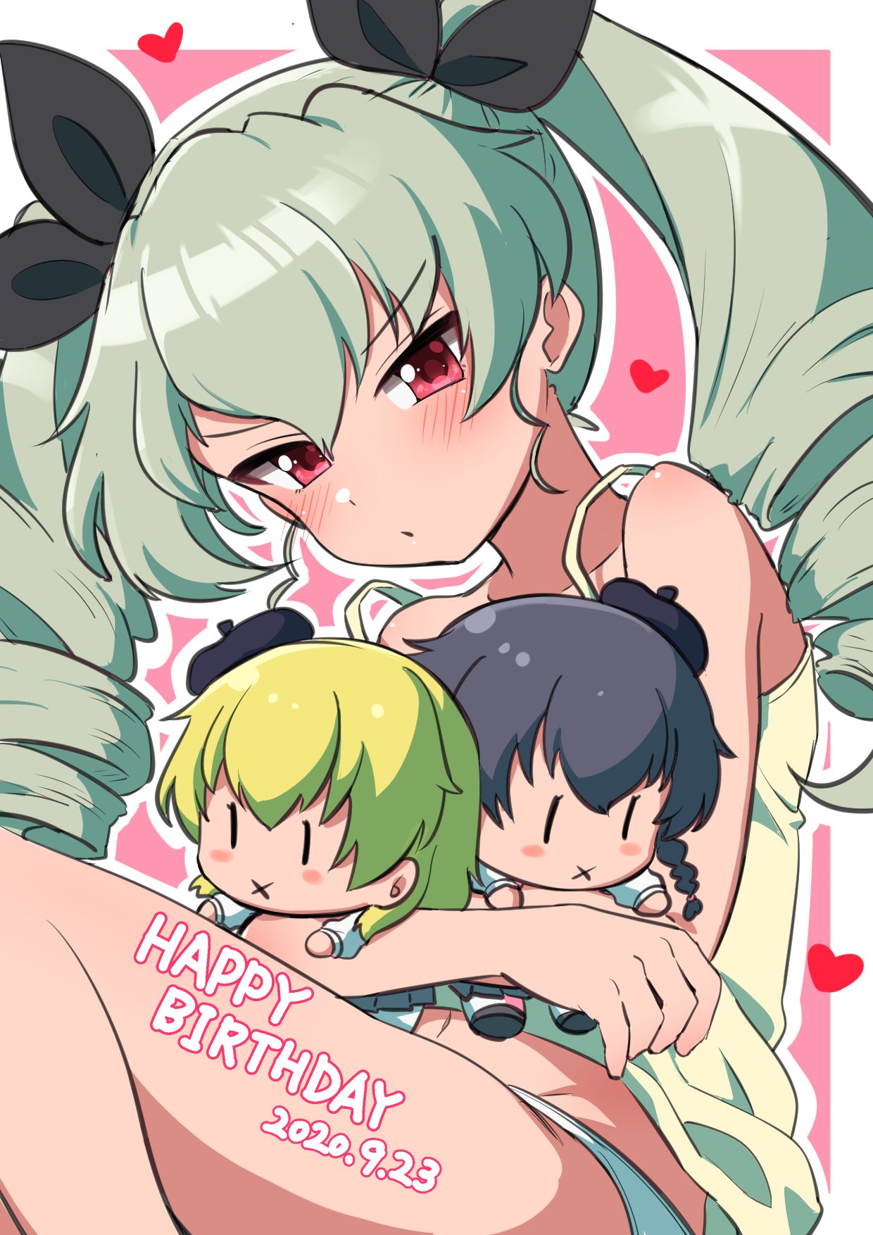 1girl, anchovy_(girls_und_panzer), bad_id, bad_twitter_id, bangs, birthday, black_ribbon, camisole